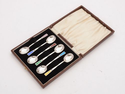 Beautiful Art Deco Silver and Enamel Spoons Sheffield 1935