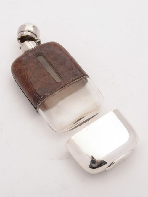 Edwardian Silver Plated and Crocodile Hip Flask Circa 1905