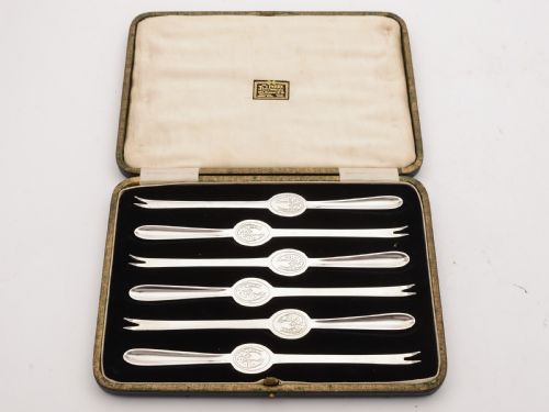 Lovely Cased Set of 6 Silver Plated Lobster Picks Circa 1920