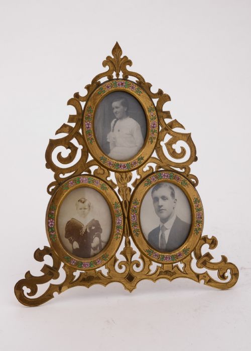 Fabulous Victorian Enamelled Brass Triple Photo Frame