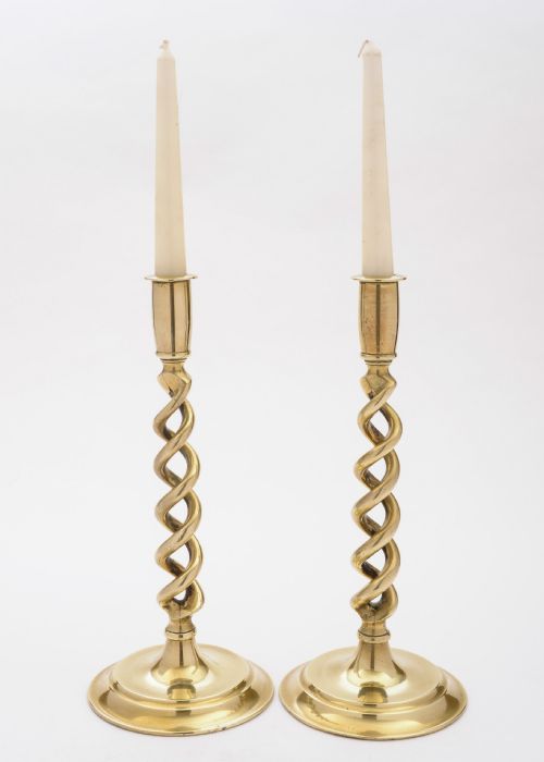 Lovely Pair of Brass Open Barley Twist Candlesticks Circa 1920