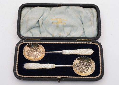 Wonderful Pair of Silver Plated and Mother of Pearl Jam Spoons Circa 1900