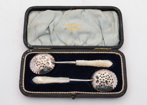 Wonderful Pair of Silver Plated and Mother of Pearl Jam Spoons Circa 1900