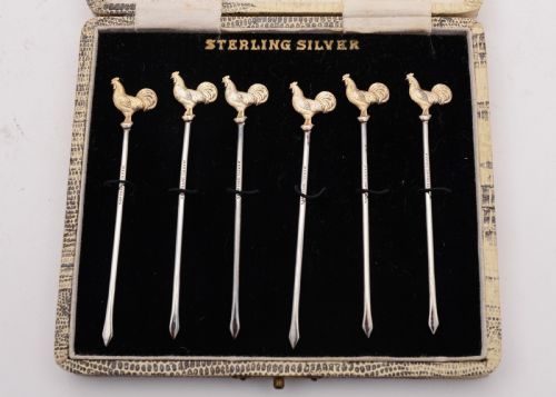 Nice Boxed Set of 6 Sterling Silver Cocktail Sticks Circa 1930