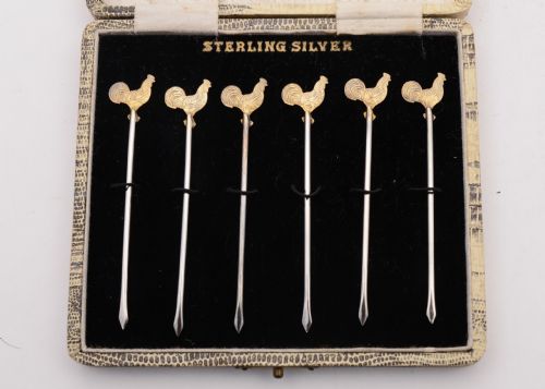 Nice Boxed Set of 6 Sterling Silver Cocktail Sticks Circa 1930
