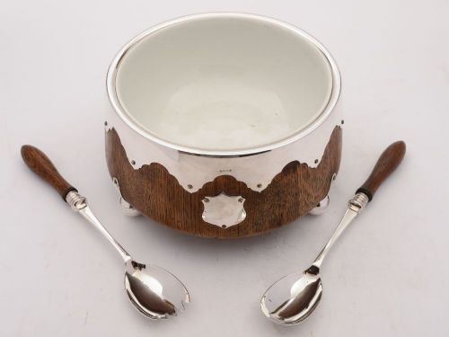 Gorgeous Oak and Silver Plated Salad Bowl Circa 1905