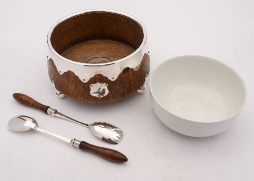 Gorgeous Oak and Silver Plated Salad Bowl Circa 1905