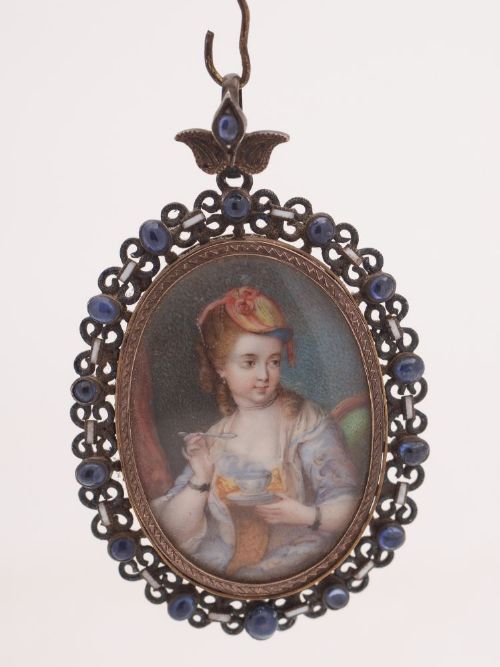 Stunning Jewelled Ivory Painted Pendant Circa 1800