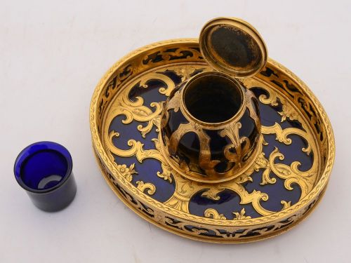 Stunning Victorian Brass and Glass Inkstand Circa 1880