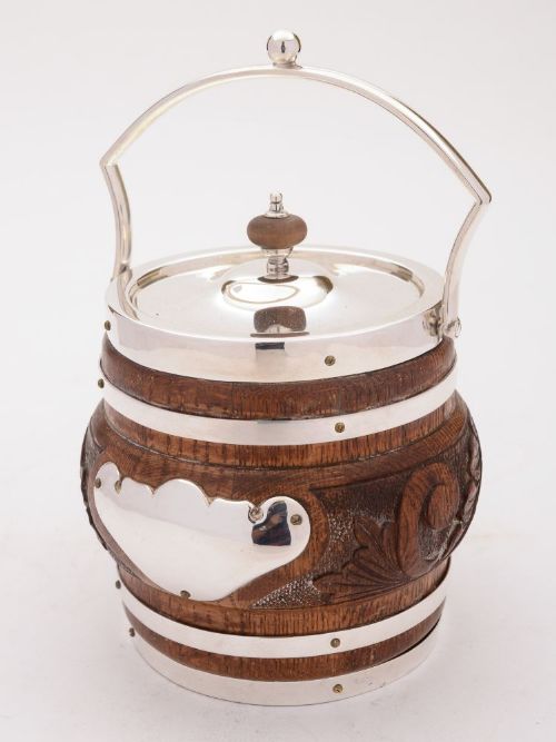 Gorgeous Victorian Oak and Silver Plated Biscuit Barrel Circa 1890