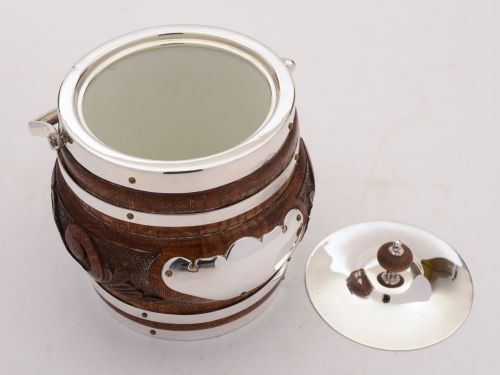 Gorgeous Victorian Oak and Silver Plated Biscuit Barrel Circa 1890