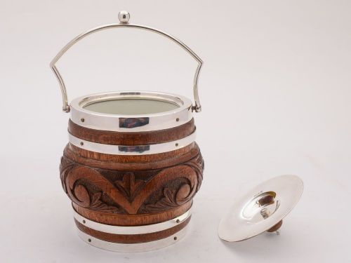 Gorgeous Victorian Oak and Silver Plated Biscuit Barrel Circa 1890