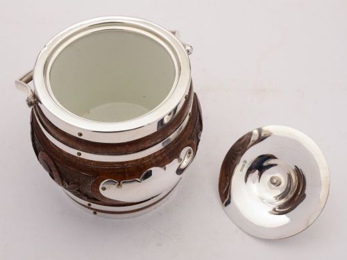 Gorgeous Victorian Oak and Silver Plated Biscuit Barrel Circa 1890