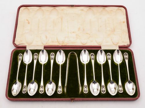 Fabulous Cased Silver Tea Spoons and Tongs Sheffield 1904
