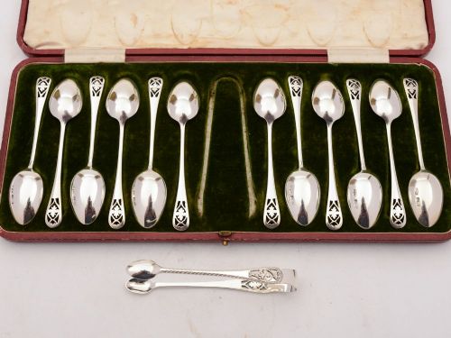 Fabulous Cased Silver Tea Spoons and Tongs Sheffield 1904