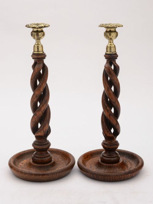 Gorgeous Pair Oak Open Twist Candlesticks circa 1920