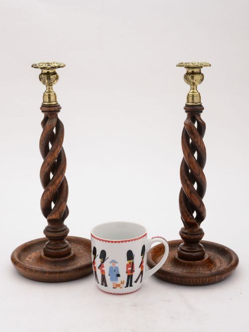 Gorgeous Pair Oak Open Twist Candlesticks circa 1920
