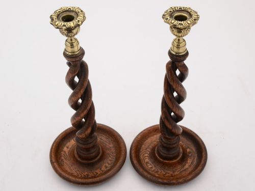 Gorgeous Pair Oak Open Twist Candlesticks circa 1920