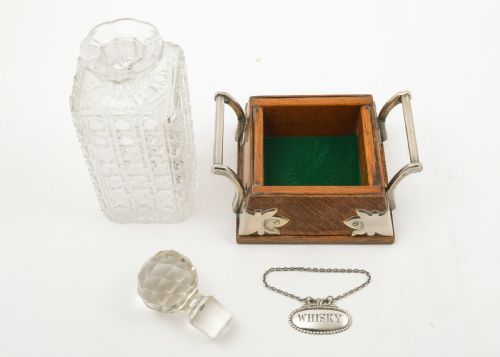 Super Edwardian cut glass decanter in oak stand 1905