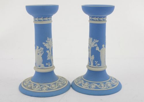 Nice Edwardian Wedgwood Blue Jasper Ware Candlesticks. Circa 1905