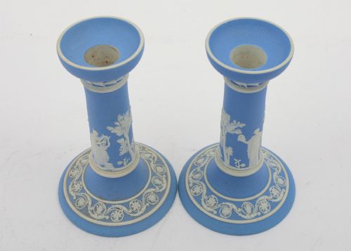 Nice Edwardian Wedgwood Blue Jasper Ware Candlesticks. Circa 1905