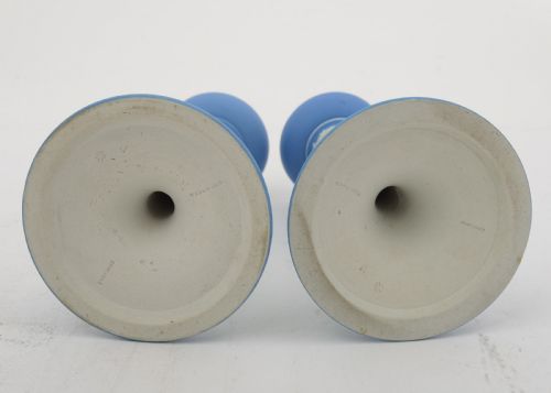 Nice Edwardian Wedgwood Blue Jasper Ware Candlesticks. Circa 1905