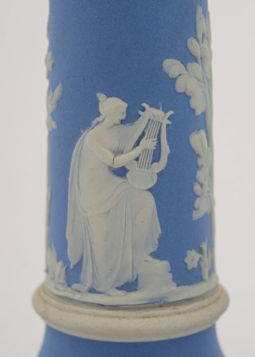 Nice Edwardian Wedgwood Blue Jasper Ware Candlesticks. Circa 1905