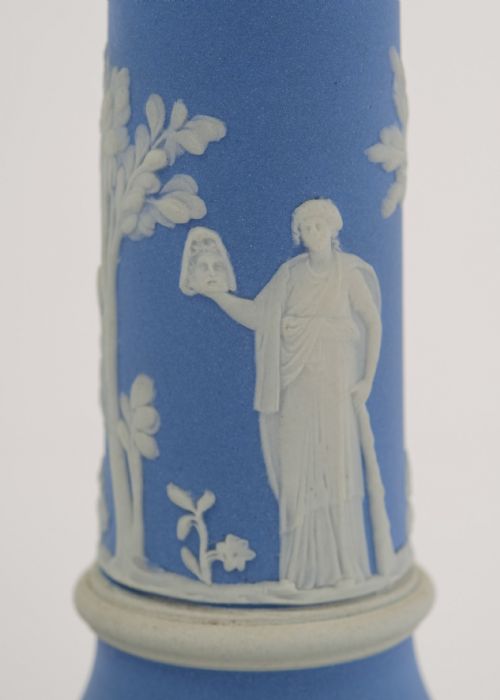 Nice Edwardian Wedgwood Blue Jasper Ware Candlesticks. Circa 1905