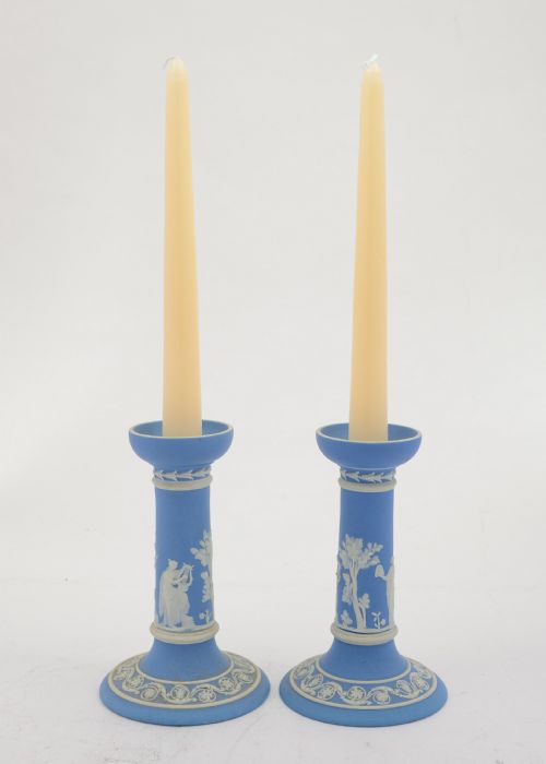 Nice Edwardian Wedgwood Blue Jasper Ware Candlesticks. Circa 1905
