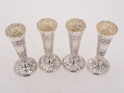 Gorgeous set of 4 Silver plated Victorian Posey Vases - circa 1890