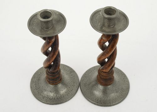 A nice pair of Liberty Pewter & Oak Candlesticks - circa 1920