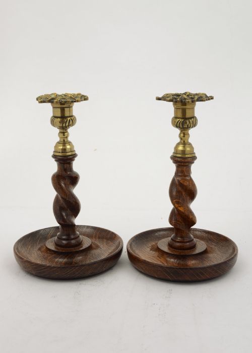 A Good Pair of Oak Barley Twist Candlesticks - circa 1920