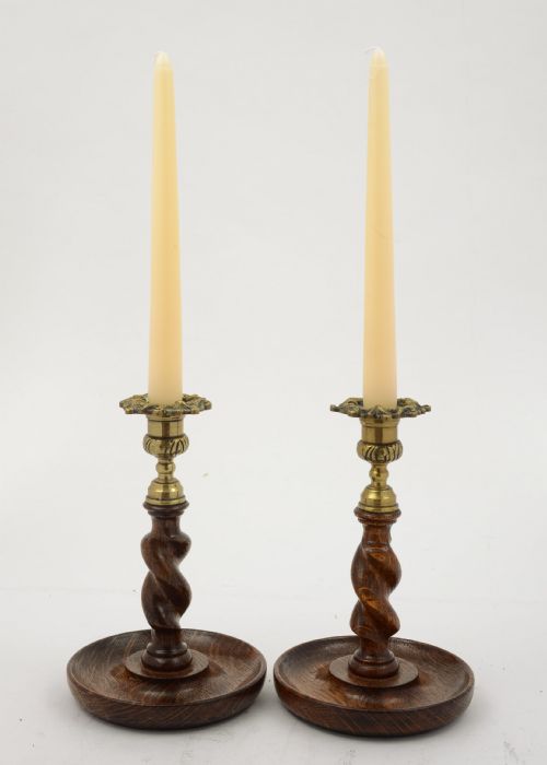 A Good Pair of Oak Barley Twist Candlesticks - circa 1920