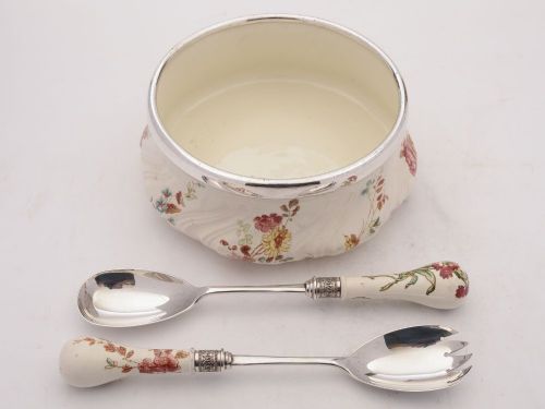 Pretty Victorian China Salad Bowl with Servers - circa 1890