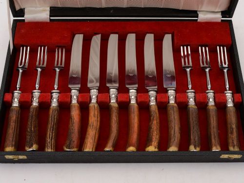 Superb Antler Handled Steak Set - circa 1960