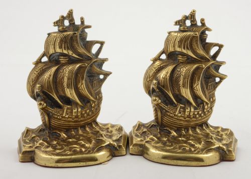 Unusual Pair Cast Brass Elizabethan Galleon Bookends 