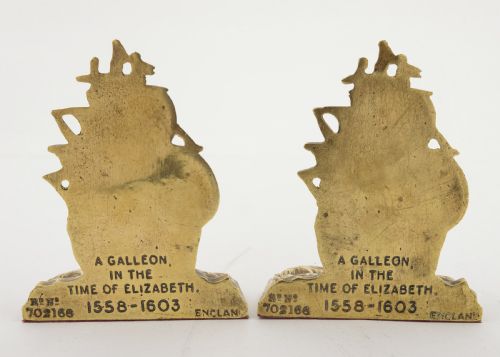 Unusual Pair Cast Brass Elizabethan Galleon Bookends