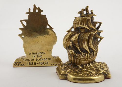 Unusual Pair Cast Brass Elizabethan Galleon Bookends
