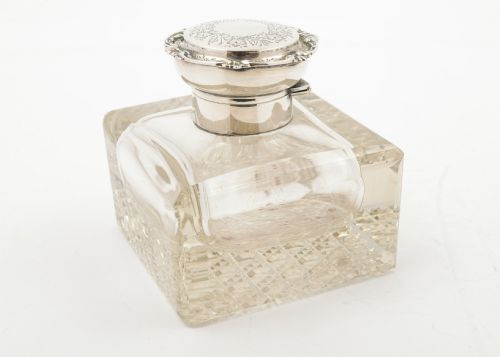 Good Large Edwardian Silver Topped Ink Pot - Birmingham 1905