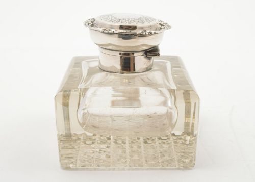 Good Large Edwardian Silver Topped Ink Pot - Birmingham 1905