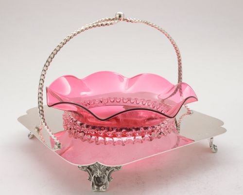 Stunning Cranberry Glass Dish in Silver Plated Stand - circa 1905