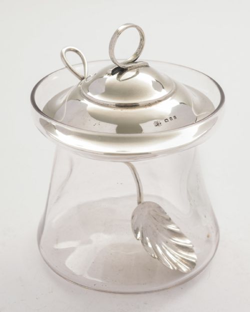 Nice Silver Topped Jam Pot & Spoon - London 1920