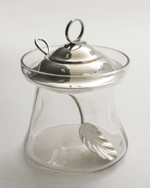 Nice Silver Topped Jam Pot & Spoon - London 1920