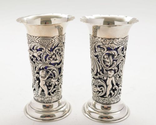 Gorgeous Pair Victorian Silver Posey Vases - London 1899