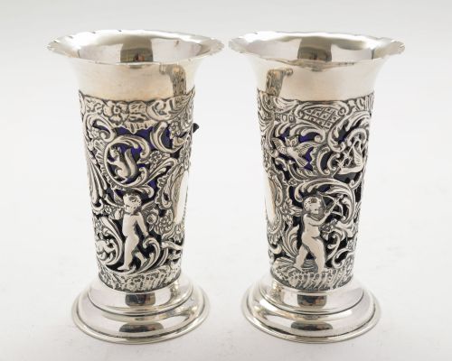 Gorgeous Pair Victorian Silver Posey Vases - London 1899