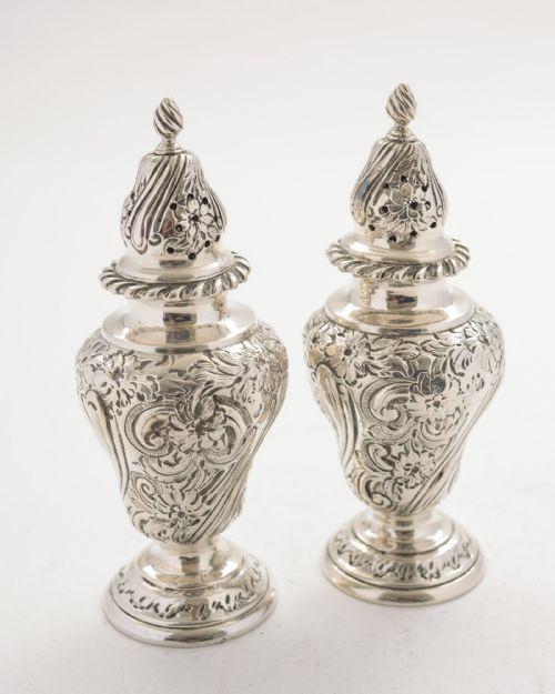 Gorgeous Pair Edwardian Silver Pepper Pots - London 1902