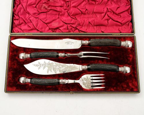 Super Victorian Antler Handled Carving & Fish Set - Sheffield 1890