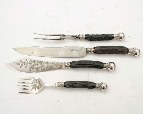 Super Victorian Antler Handled Carving & Fish Set - Sheffield 1890
