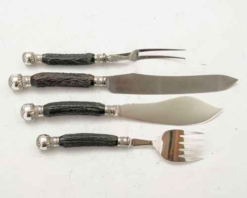 Super Victorian Antler Handled Carving & Fish Set - Sheffield 1890