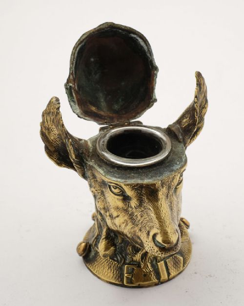 Unusual Victorian Brass Goats Head Ink Pot - circa 1880